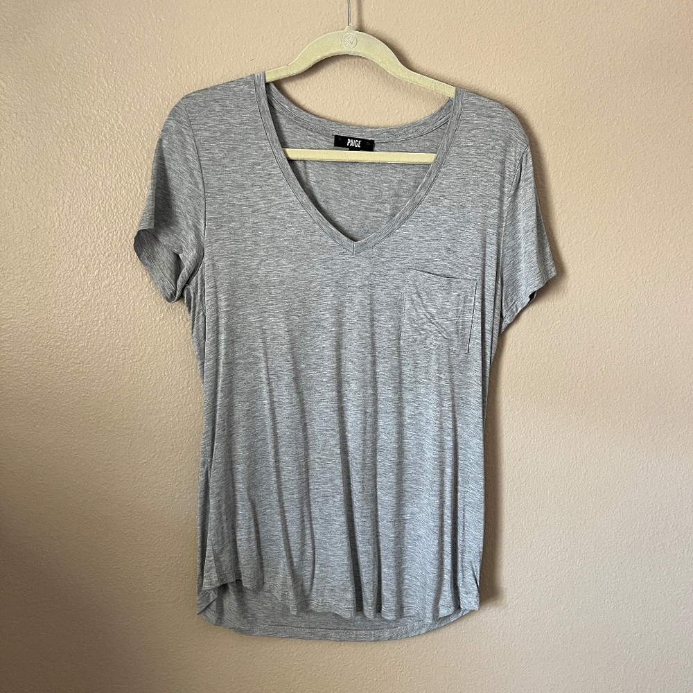 PAIGE Gray V Neck Short Sleeve Shirt with Pocket